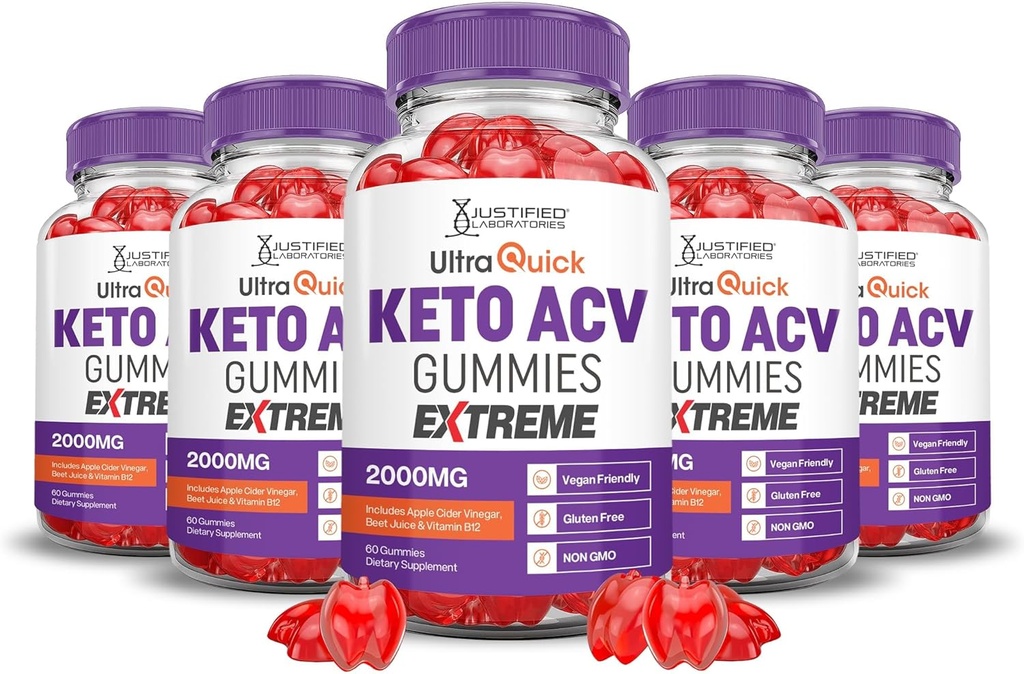 Laboratorios Justificados (5 Pack Ultra Quick Keto ACV Gummies Extreme 2000MG Ultraquick Keto Gummies Apple Sider Vinegar Formulado con Pomegranate Beet Juice Powder B12 Vegan Non GMO 300 Gummys