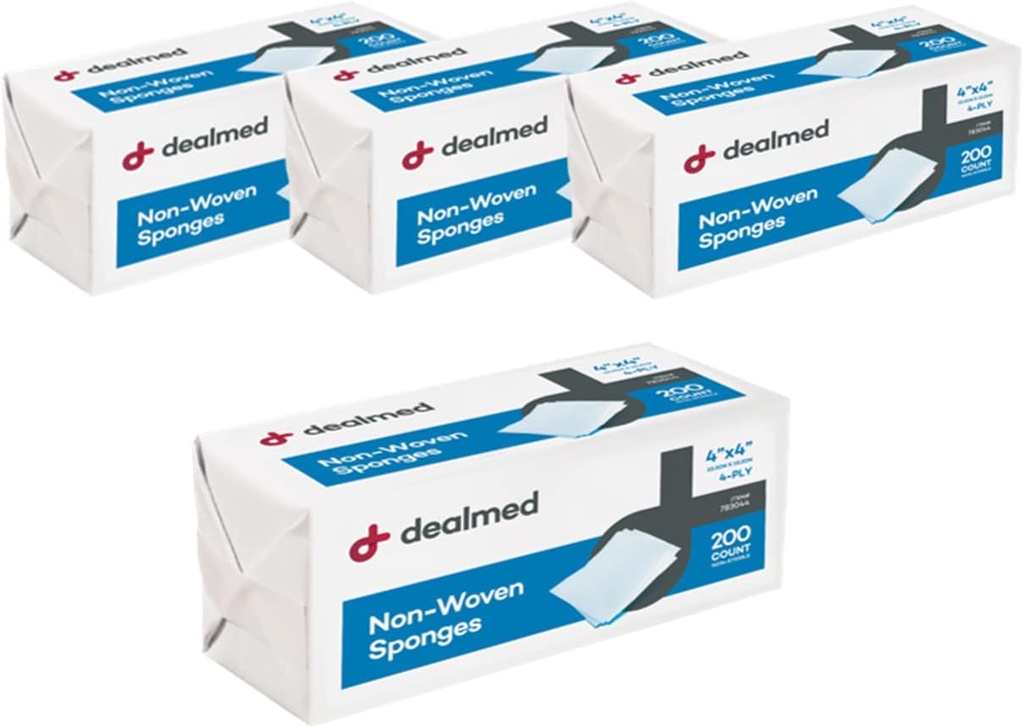 Dealmed Non-Woven Gauze Sponges - 4-Ply, 4" x 4" All-Purpose Non-Sterile Absorbent Dental Gauze Wound Care for First Aid Kit/Medical Facilities, 200 Count (Pack of 4)