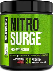 Jacked Factory NITROSURGE Pre Workout Suplemento - Endless Energy, Instant Strength Gains, Clear Focus &amp; Intense Pumps - NO Booster &amp; Powerful Preworkout Energy Powder - 30 Servings, Fruit Punch