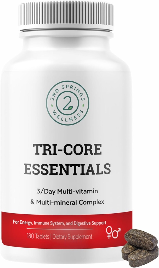 Tri-Core Essentials - 3 A Day Comprehensive Multivitamin Multimineral Complex with Probiotics, Prebiotics, Digestive Enzymes, Mushrooms, Adaptogens, and 45 Fruits and Vegetables - 180 Tablets