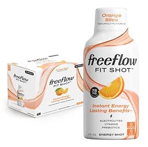 Freeflow Fit Energy Shots, Orange Slice, Natural Caffeine Boost con L-theanine, Ginseng, Vitaminas, Prebióticos, Electrolitos (6 Conde, 2oz Shots)