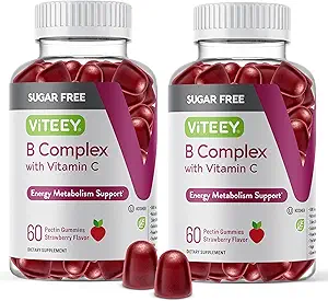 VITEEY Vitamina B Complejo Gummies con Vitamina C, Azúcar Libre - Energía, Metabolismo & Nerve Salud - B6, B12, Ácido Fólico, Biotina - Vegan, Gelatina Gratis, GMO Gratis - Tasty Chewable Strawberry Flavored Gummy