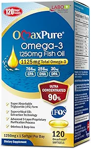 LABO Nutrition OmaxPure Omega3 Fish Oil - 1125mg Omega 3 IFOS Certified - High Potency rTG Omega Fish Oil Supplement with DHA & EPA - 120 Softgels