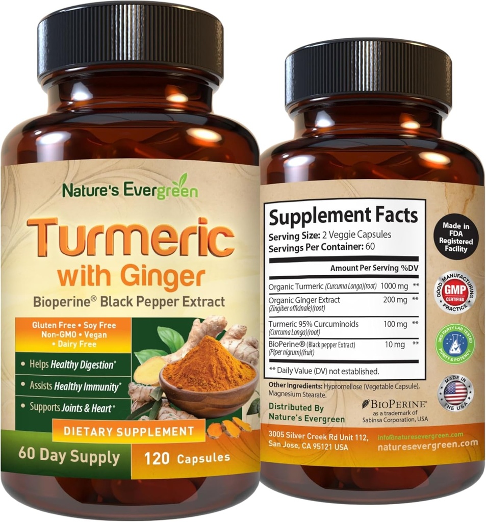 Turmeric con Ginger Root Joint Support Suplemento Silencio Turmeric Curcumin Suplemento 95% Curcuminoides Silencio Contiene Turmeric Orgánica " Ginger con Black Pepper Extract for Max Absorption