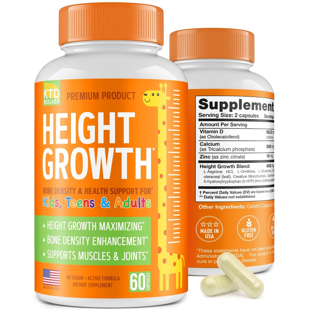 Maximizador de crecimiento de altura - Hecho en EE.UU. - Aumentar la altura natural Booster &amp; Vitaminas Adolescentes - Píldoras para crecer más alto en cualquier edad - Suplemento de crecimiento de huesos para adultos &amp; niños