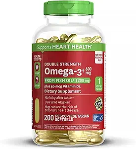 600mg Omega-3 de aceite de pescado con 50 mcg Vitamina D3 (200 ct.) - Apoya la salud cardíaca