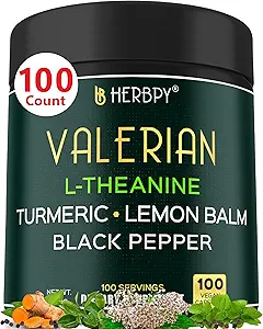 5in1 Valerian Root Capsules Plus L-Theanine, Lemon Balm, Turmeric y Black Pepper for Relaxation, Restful Night, Digestion &amp; Immune Support - 100 Count