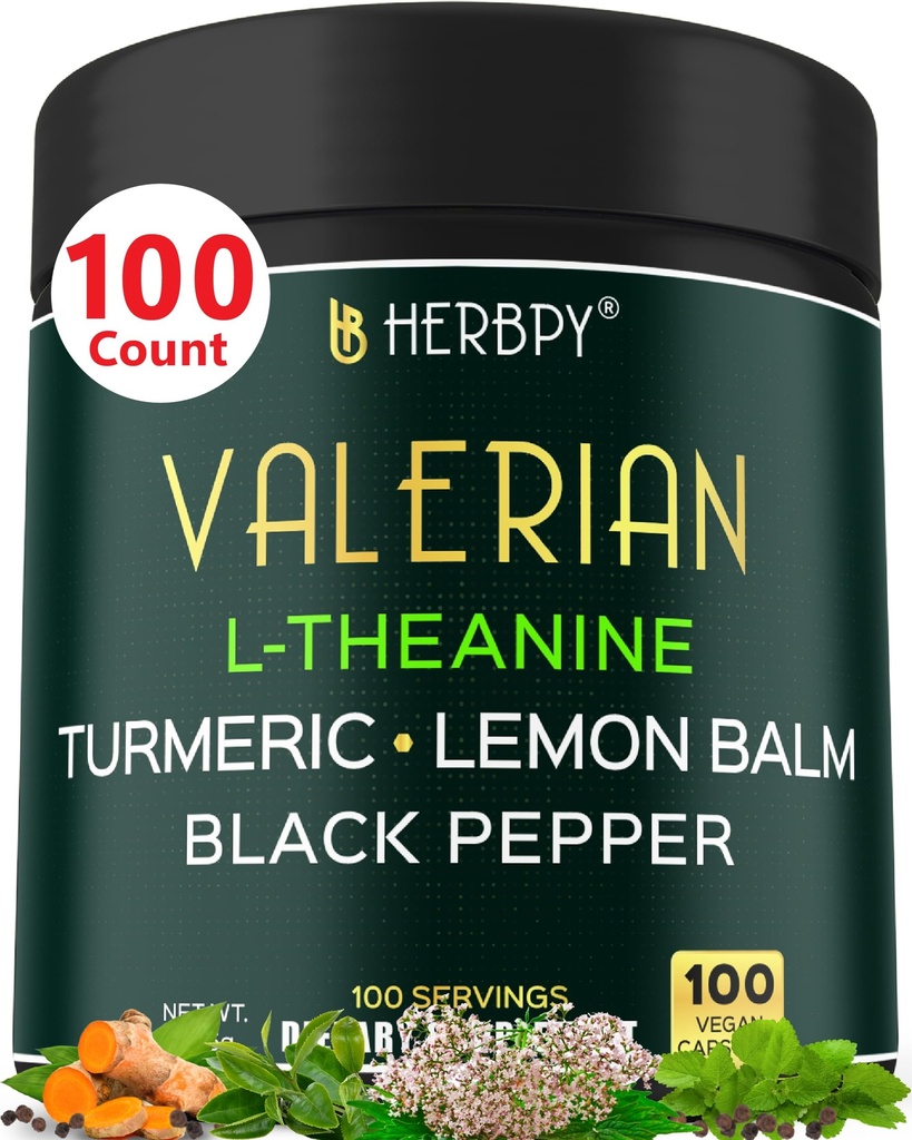 Herbpy 5in1 Valerian Root Capsules Plus L-Theanine, Lemon Balm, Turmeric and Black Pepper for Relaxation, Restful Night, Digestion & Immune Support - 100 Count