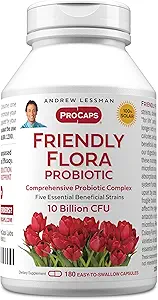 ANDREW LESSMAN Friendly Flora Probiotic 180 Capsules - 10 Billion CFU, Full Blend of Five Probiotic Strains, Powerful Immune and Digestive Support. Probióticos para Mujeres o Hombres