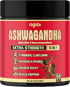 Ashwagandha Capsule 5in1-90 Vegan Capsules Blended with Ginger, Turmeric, Rhodiola Rosea &amp; Black Pepper