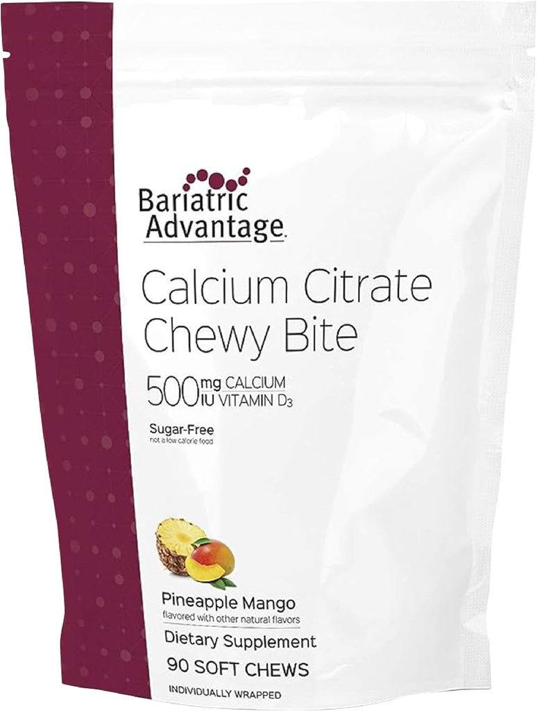 Bariatric Advantage Calcium Citrate Chewy Bites 500 mg - Highly Absorbable & Digestible - Vitamina D3 - Suplemento de Calcio Fácilmente Chewable - Mango de Piña - 90 Conde