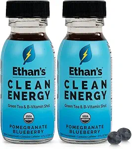 Zapatos ecológicos de energía limpia de Ethan Pomegranate Blueberry, Sugar Free Natural Pre-Workout Focus Boost, Gluten Free, Vegan, B6 &amp; B12 Vitamina C con Green Tea Extract y Guayusa (2 Pack of 2oz Shots)