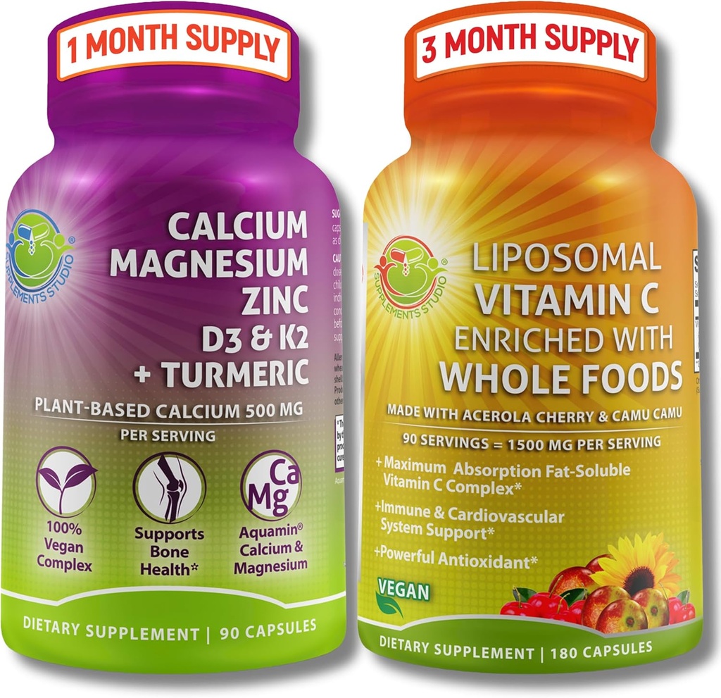 Bono de base vegetal &amp; Immune Complemento Bundle – Vitamina Liposomal C 1500mg con Acerola Orgánica & Camu Camu + Zinc de calcio con vitamina D3, K2 & Turmeric – Vegan, No GMO