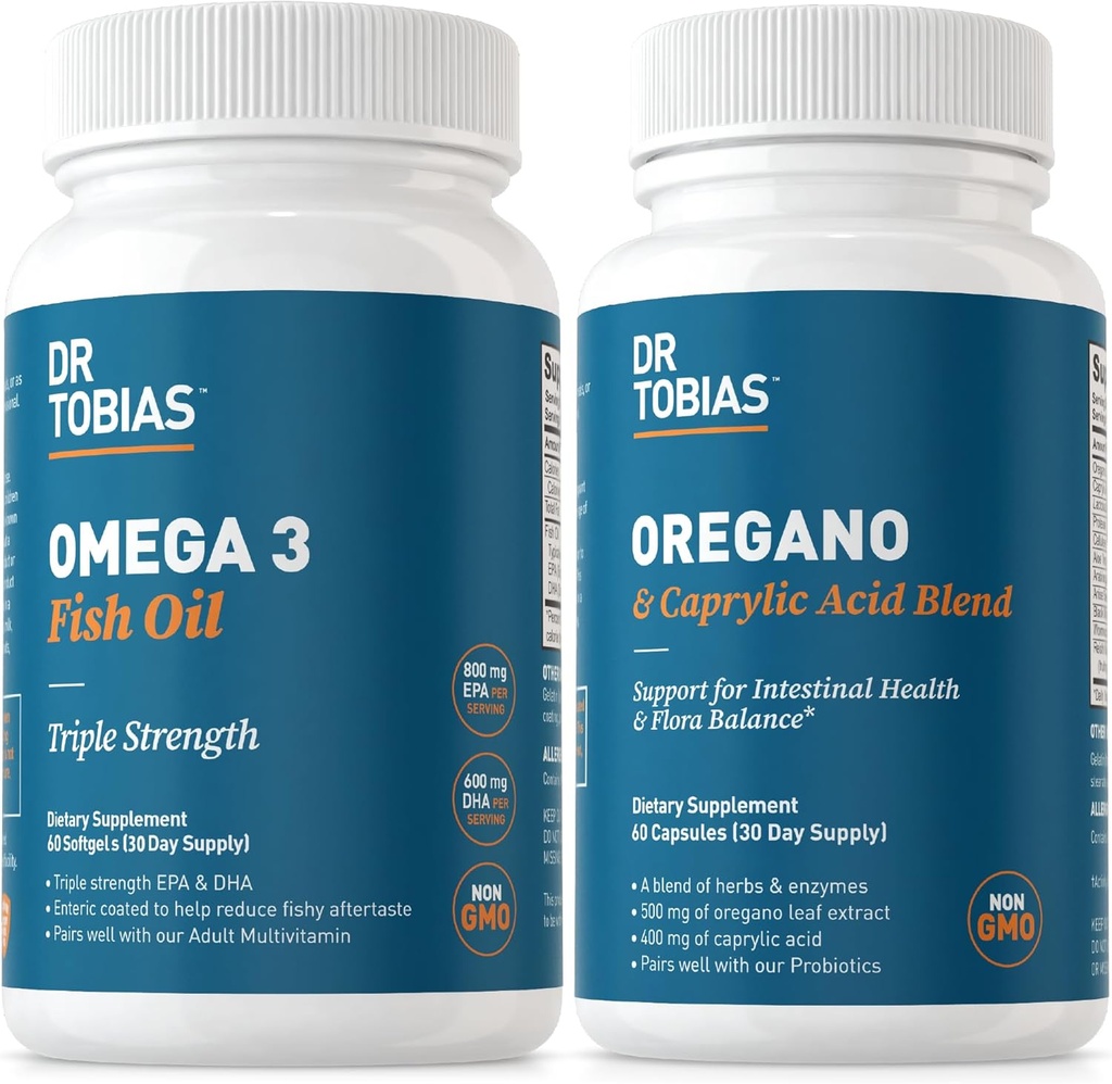 Dr. Tobias Omega 3 Fish Oil and Oregano " Caprylic Acid Supplements, Supports Heart, Brain, Immune with Gut Flora Balance Complex " Intestinal Health for Women " Men