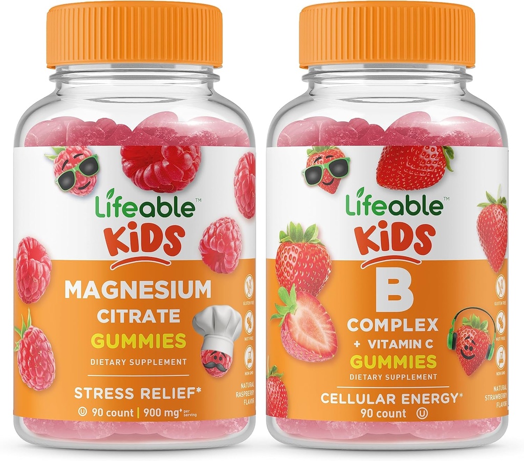 Niños de Magnesio Lifeable + B Complejo Niños, Gummies Bundle - Gran Tasting, Suplemento de Vitamina, Gluten Gratis, GMO Gratis, Chewable Gummy