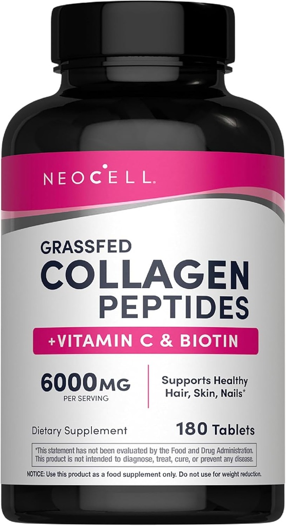 NeoCell Super Collagen Con Vitamina C y Biotina, Skin, Hair and Nails Suplemento, Incluye Antioxidantes, Tablet, 180 Cuenta, 1 Botella