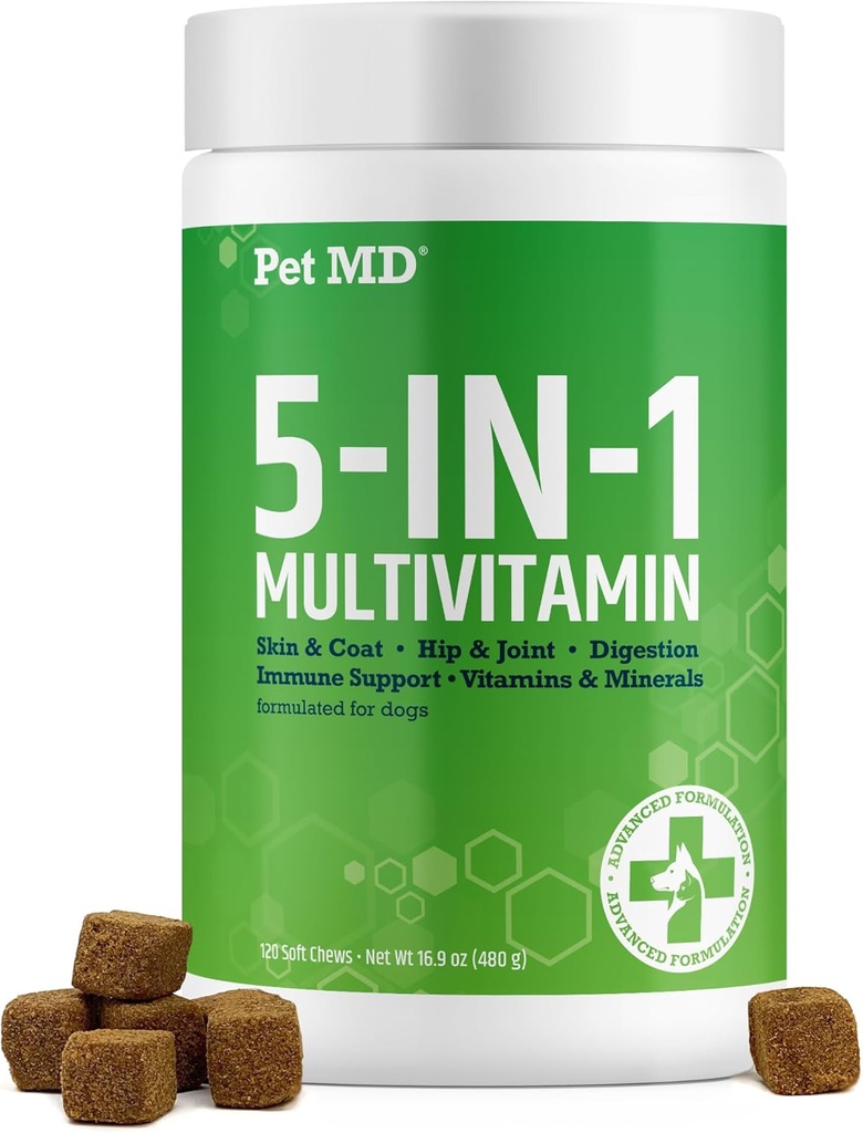 Pet MD 5in1 Dog Multivitamin - 30 Vitaminas Esenciales, Minerales " Nutrientes para la piel " , Hip " Joint, Digestion, Immune " Senior Dog Vitamins - Glucosamine, Omega 3 6 9, " Probiotics - 120 ct