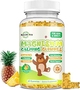 Magnesio Gummies para niños - Magnesio Glycinate Gummies Suplemento con L-Theanine, Vitamina B6, D3 para adultos &amp; niños, calma Magnesio para dormir, relajación, cerebro, huesos, azúcar Pineapple 60ct