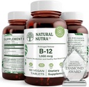 Natural Nutra Vitamina B12 1000 mcg, Cobalamin B 12 Suplemento, Calcio Phosphate, Ayuda en Metabolismo Salud, Apoyo Nervous System, Absorción Optimal, Gluten Gratis, Azúcar Gratis, 60 Tabletas Veganas