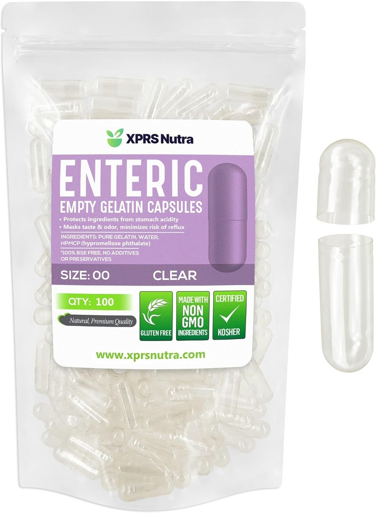 XPRS Nutra Size 00 Empty Capsules - 100 Conteo Clear Enteric Coated Empty Gelatin Capsules - Delayed Release Pills - DIY Capsule Filling - Pure Bovine Empty Enteric Gel Caps