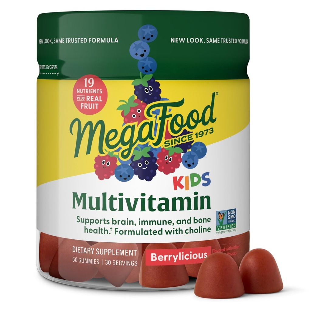 MegaFood Kids Multivitamin Gummies - Kids Vitamins - Age 4+ with Vitamin C, Vitamin D, Zinc, Choline, and Real Fruit - Brain & Immune Support - Berrylicious Flavor - 60 Gummies (30 Servings)