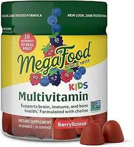 MegaFood Kids Multivitamin Gummies - Vitaminas Infantiles - Edad 4+ con Vitamina C, Vitamina D, Zinc, Choline y Frutas Reales - Cerebro &amp; Apoyo Inmunitario - Sabor Berrílico - 60 Gummies (30 Servimientos)