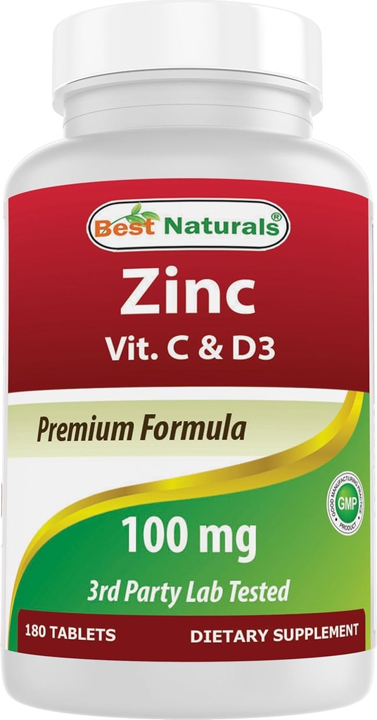 Mejores Naturales Zinc 100 mg con vitamina C &amp; D3 180 Tabletas Gluten Libre y No GMO