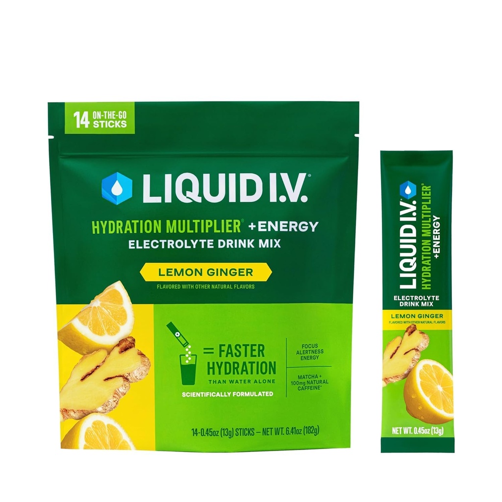 Liquid I.V.® Hydration Multiplier +Energía - Lemon Ginger TEN Electrolyte Powder Drink Mix TEN 1 Pack (14 Servings)