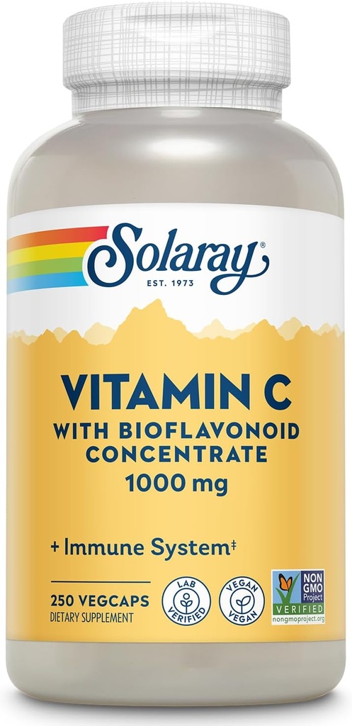 SOLARAY Vitamina C 1000mg con Bioflavonoides Concentrate - Vitamina C Capsules con Rosa HIPS y Cereza Acerola - Antioxidante, Salud del Corazón y Apoyo Inmunitario Suplemento, Vegano, No GMO, 250 Servimientos