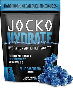 Jocko Fuel Hydrate Electrolytes Powder Packets Low Sugar - Amplificador de hidratación Packets para la recuperación, deshidratación, " Ejercicio - con vitaminas B6, B12 " C (16 Packets) Blue Raspberry