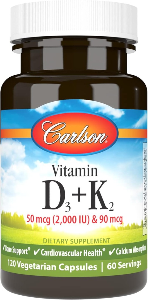 Carlson - Vitamina D3 + K2, 50 mcg (2000 UI) Vitamina D3 &amp; 90 mcg Vitamina K2 como MK7, Soporte de bonificación, Absorción de calcio, 120 cápsulas