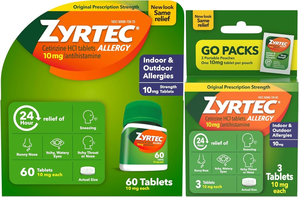 Zyrtec 24 horas Alivio de Alergia Tabletas, Indoor y Alergia al aire libre Medicina con 10 mg Cetirizina HCl por Tableta Antihistamínica, Pack Bundle, 60 ct + 3 ct Paquetes de Viaje, 63 Conde