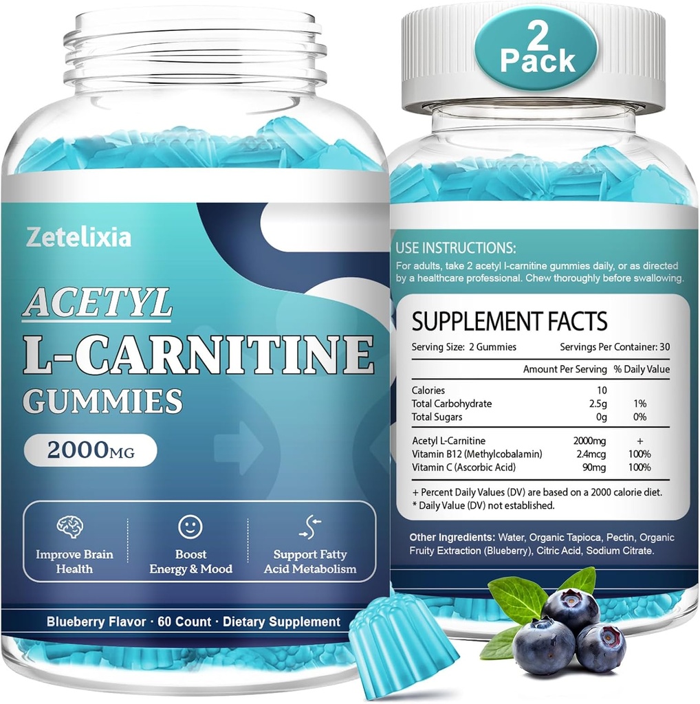 2 Pack Sugar Free Acetyl L-Carnitine Gummies, L-Carnitine Supplement for Women &amp; Men, con Vitamina C &amp; B12, ALCAR for Energy, Brain & Heart Health Support, Vegan, Non-GMO, 120 Conde