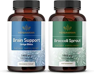 HerbAMAMA Brain Support " Broccoli Sprout Kit - Bundle of 1400 mg Brain Support Complex &1000 mg Broccoli Sprout Capsules - Vegan, Non-GMO, Gelatin-Free - 2 Pack