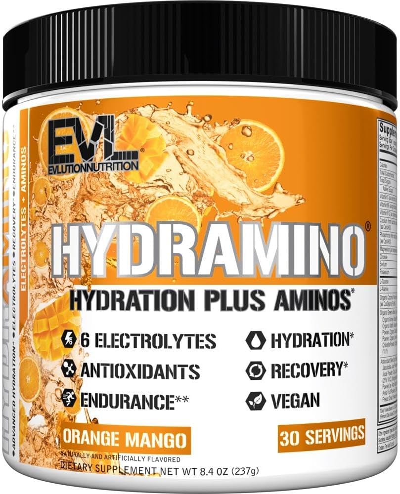 Evlution Nutrition HYDRAMINO Complete Hydration Multiplier, All 6 Electrolytes, Vitamina C &amp; B, Fluid Boosting Aminos, Coconut Water, Endurance, Recovery, Antioxidants, 30 Serve, Orange Mango
