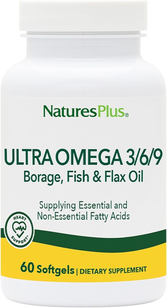 Natures Plus Ultra Omega 3 6 9-1200 mg, 60 Softgels - Aceite de Borage, Aceite de Pesca, Suplemento de aceite de Flax, Libre de gluten - 60 Servimientos