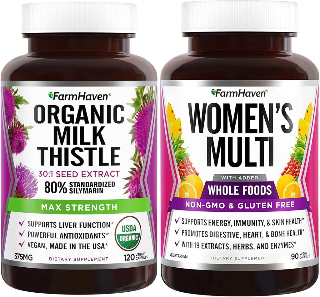 FarmHaven Milk Thistle Capsules and Multivitamin for Women ◾ 22 Nutrientes esenciales, Frutas y verduras Mujeres Multivitamínicas ¦ Boosts Energy, Immune, Heart Health Bundle