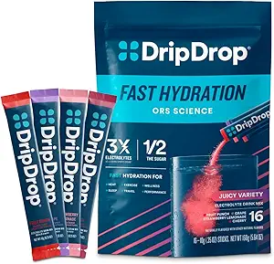 DripDrop Hydration Packets - Juicy Variety Pack - Single Serve Electrolytes Powder Drink Mix - Grape, Fruit Punch, Strawberry Lemonade, Cherry - Non-GMO, Gluten Free, Vegan - 16 Sticks