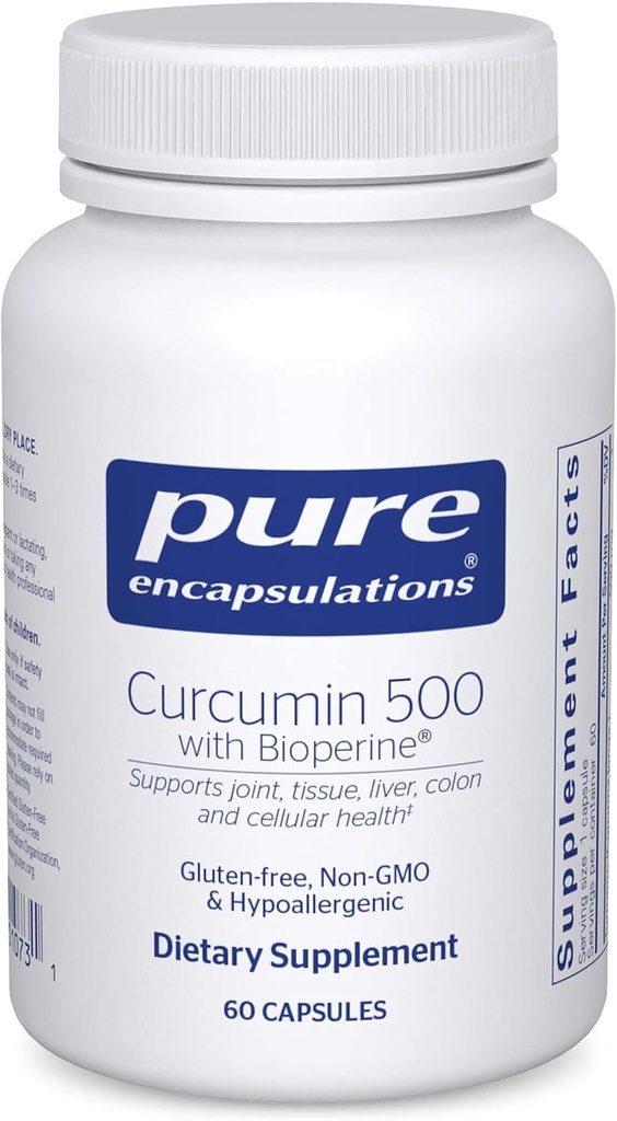 Encapsulaciones puras Curcumin 500 con Bioperina - Suplemento Antioxidante para las articulaciones de apoyo, tejido, hígado, colon y salud celular* - con la Curcumina Turmérica " Bioperina - 60 cápsulas