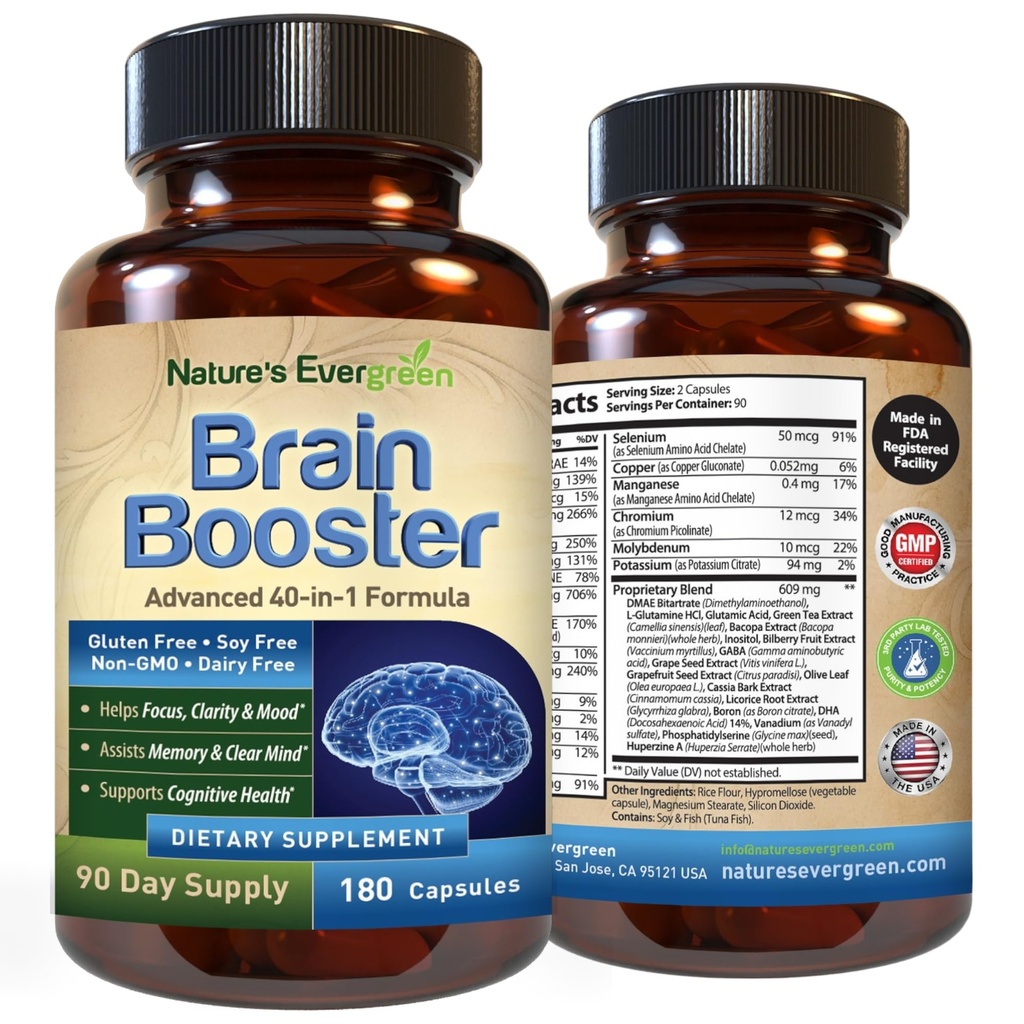 Brain Booster 40-in-1 Formula Supplement for Focus, Memory, Clarity, Energy | for Men & Women, Cognitive Function Nootropic Support with DMAE, Brain Health Formula | (180 Capsules - 90 Day Supply)