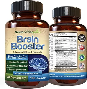 Brain Booster 40-in-1 Suplemento de Fórmula para Focus, Memory, Clarity, Energy para Hombres &amp; Mujeres, Cognitive Function Nootropic Support with DMAE, Brain Health Fórmula ← (180 cápsulas - 90 Day Supply)