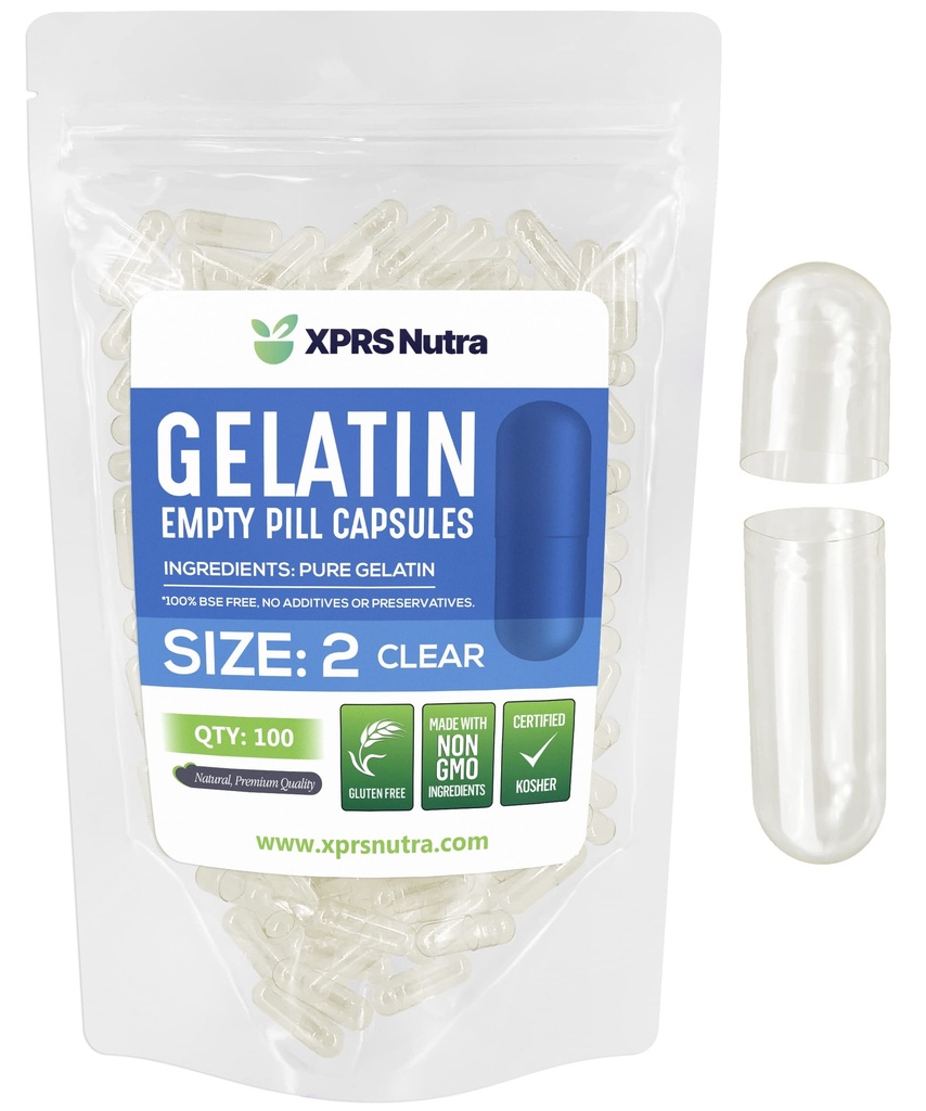 XPRS Nutra Size 2 Empty Capsules - 100 Conde Clear Empty Gelatin Capsules - Pills DIY Capsule Filling - Pure Bovine Pill Gel Caps for Do-It-youself Supplements