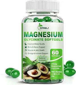 Magnesium Glycinate 400mg, High Absorption Magnesium Supplements Softgels with Vitamin E, B6, Zinc for Sleep, Calm, Muscle Relaxation & Bone Health, Gluten-Free, Non-GMO, 60 softgels