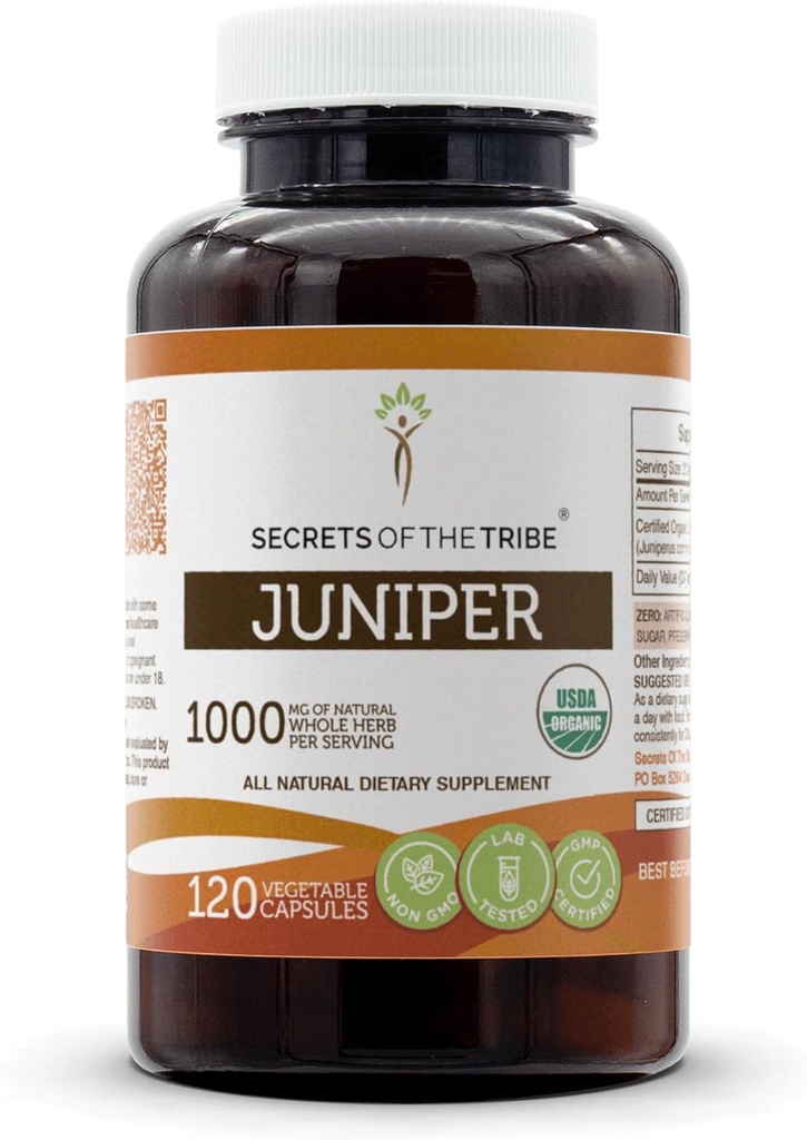 Secrets of the Tribe Juniper USDA Organic | Made with Vegetarian Capsules and Certified Organic Juniper (Juniperus communis) Dried Berry (120 Capsules)