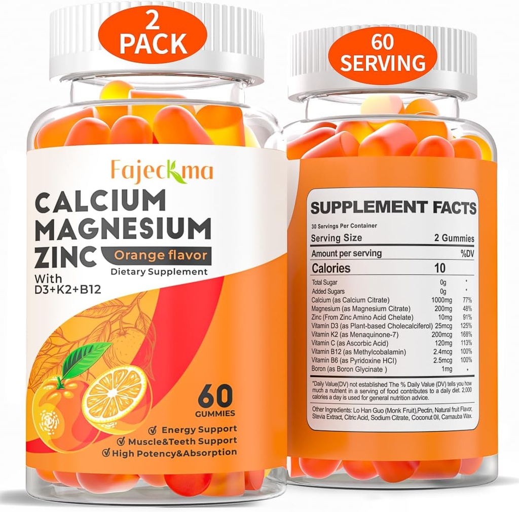 Calcio Magnesio Zinc Gummies para Adulto: Orgánica 1000mg Calcio Citrate Magnesio Suplemento con D3 B12 - Sugar Suplemento de Alta Absorción Libre para Mujeres Hombres (60 Cuenta(Pack de 2))