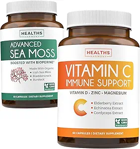 Bundle of Vitamin C Immune Support & Irish Sea Moss - Refresh & Revive Set - Vitamina C Immune Support with Zinc (60 Veg Capsules) & Irish Sea Moss with BioPerine (No-GMO & Organic) - 60 caps