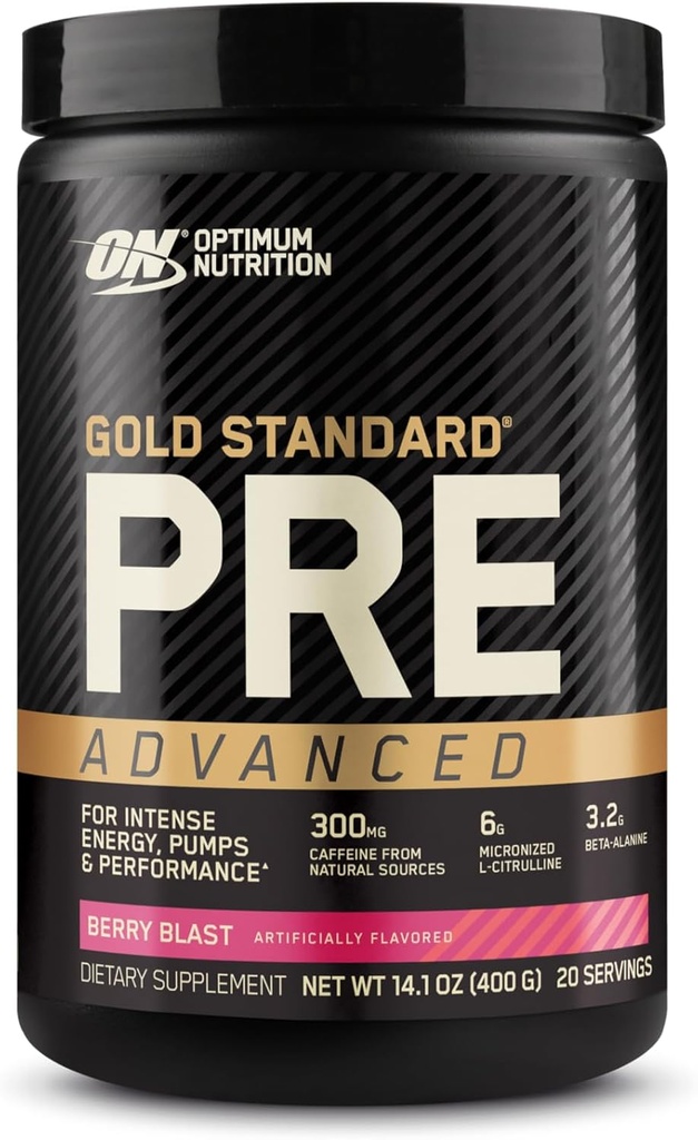 Optimum Nutrition Gold Standard Pre Workout Advanced, with Creatine, Beta-Alanine, Micronized L-Citrulline and Caffeine for Energy, Keto Friendly, Berry Blast, 20 Servings