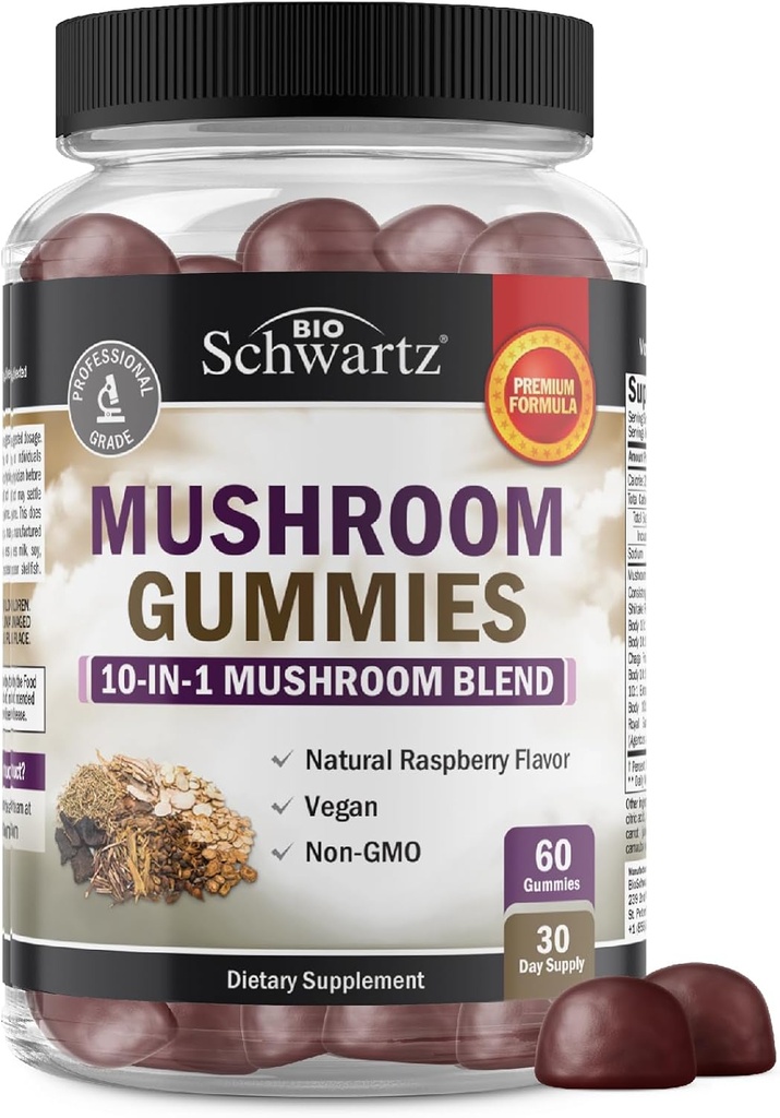 Mushroom Gummies for Adults - 10-in-1 Functional Mushroom Supplement for Mood and Focus with Lions Mane Turkey Tail Cordyceps Shiitake Reishi - Vegan, Non-GMO, Fresh Raspberry Flavor, 60 Count