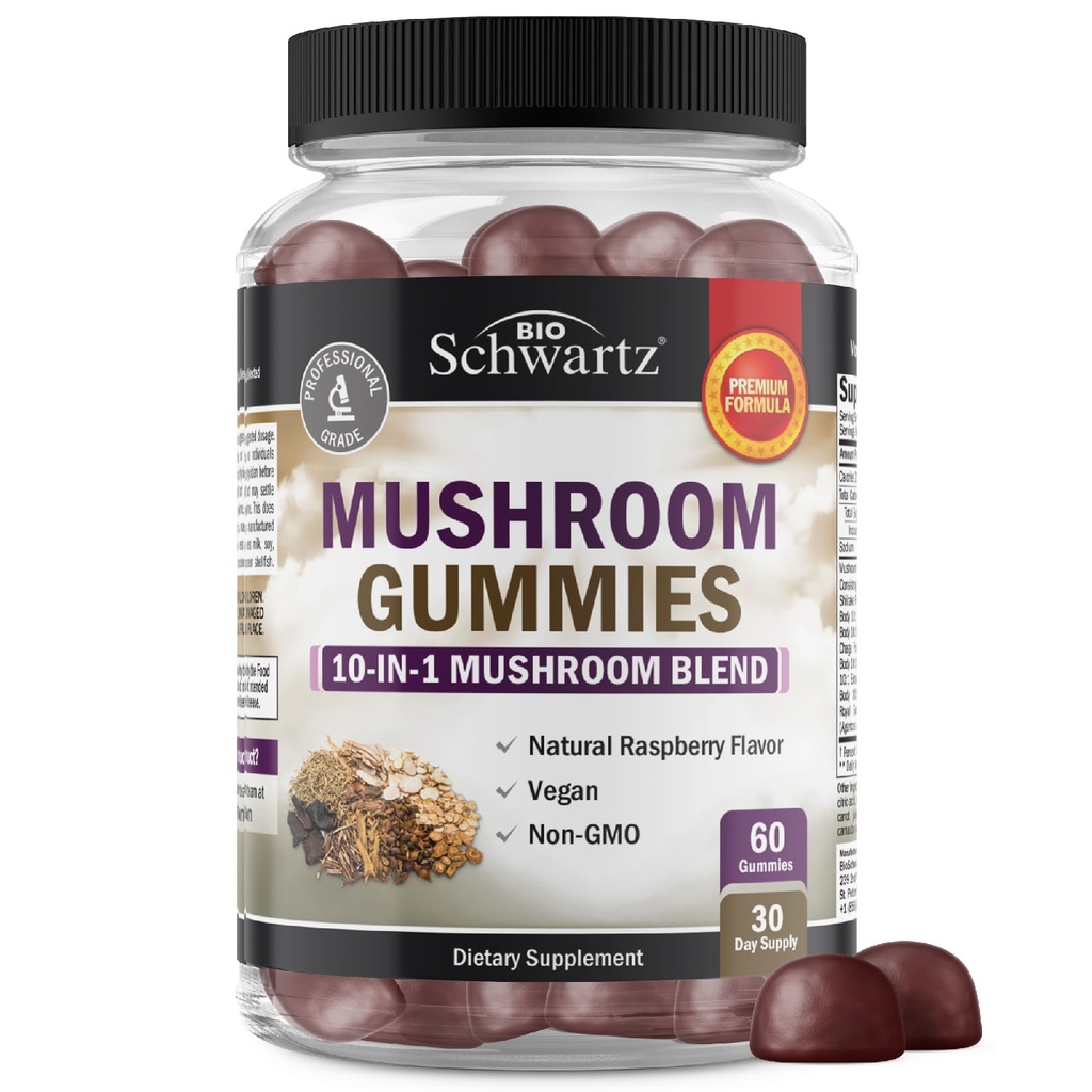 Mushroom Gummies para adultos - 10-en-1 Mushroom Suplemento Funcional para Mood y Focus with Lions Mane Turkey Tail Cordyceps Shiitake Reishi - Vegan, Non-GMO, Fresh Raspberry Flavor, 60 Conde