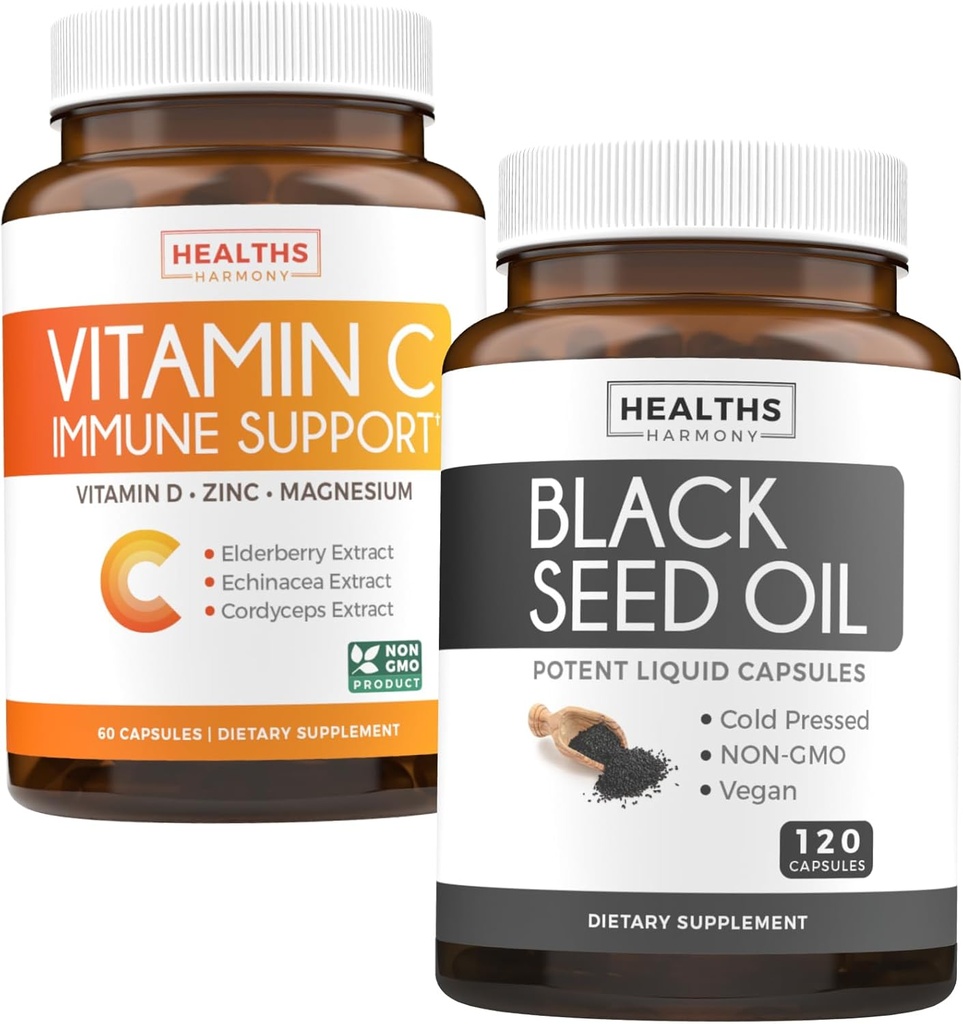 Semillas Negras &amp; Vitamina C (2-Month Supply) Bundle de Defensa Completa de aceite de semilla negra - Nigellia Sativa Cold-Presed Cumin Seed (120 cápsulas) & Vitamina C Immune Support (60 Tabletas Vegetarianas)